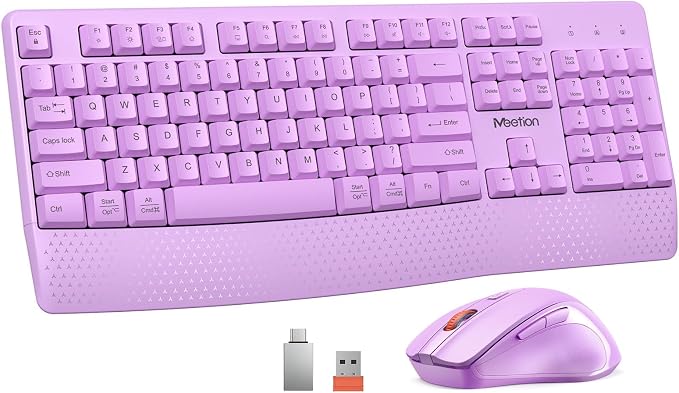 MEETION Wireless Keyboard and Mouse Combo, Full-Size with Wrist Rest Purple | 2.4GHz USB receiver, 3 adjustable DPI mouse, comfortable typing, compatible with Windows, Mac, PCs and laptops
