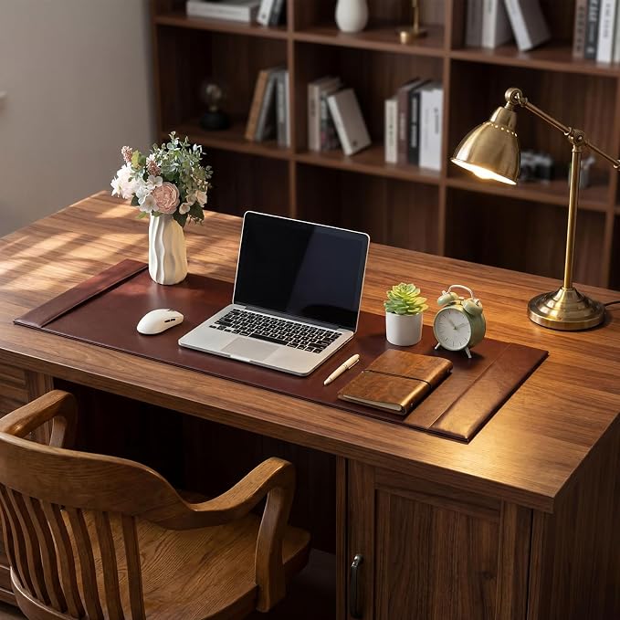 47.2 x 17 Inch Leather Desk Pad with Side Rails Mat, Brown | Executive Office Desk Mat, Smooth Writing Surface, Desktop Protector Covers Mouse Keyboard, Elegant Gift, Men Dad Husband