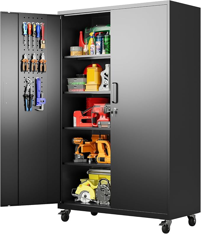 Wide & Deep Metal Storage Cabinet with Wheels,Tall Rolling Garage Storage Cabinet with Lock,Black Metal Cabinets with Shelves and Pegboards,Tool Locker for Garage,Home,Office,43''Wx 20''Dx71"H