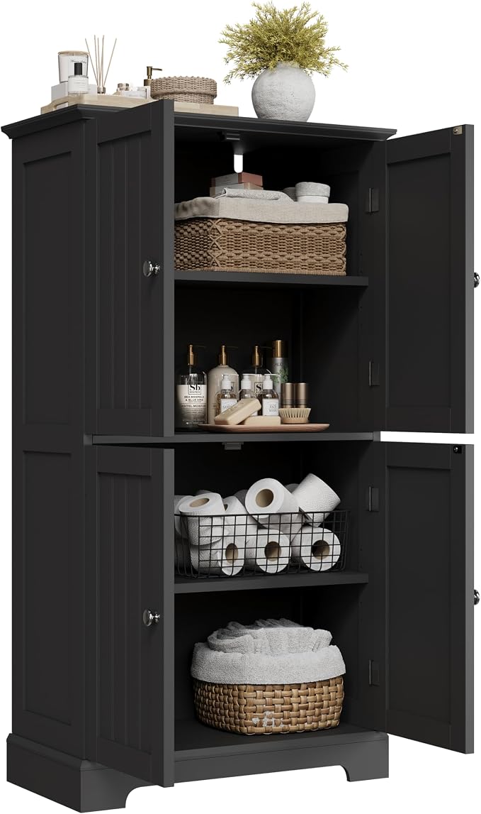 ChooChoo Bathroom Floor Cabinet with Adjustable Shelves | Bathroom Storage Cabinet, 4 Doors, Freestanding Cupboard for Living Room, Kitchen Pantry, Black