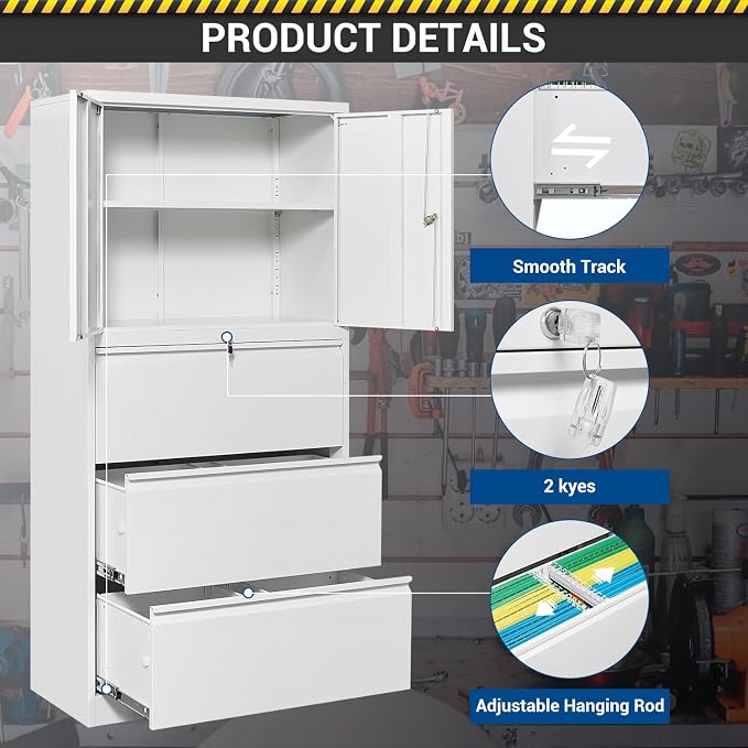 Fesbos 3 Drawers Metal Lateral File Cabinet with Lockable Drawer and Dorrs - White Large Steel Filing Cabinet for Home Office Hanging Files Letter/Legal/F4/A4 Size