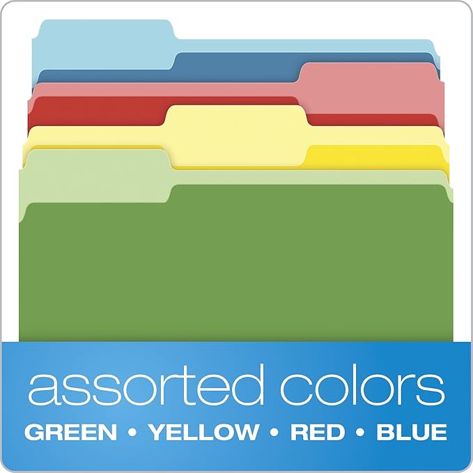 Pendaflex Colored File Folders, 36 Pack, Letter Size (8.5" x 11"), 3 Tabs, Durable Paper, 4 Colors: Green, Yellow, Red & Blue, Color-Coding for School, Office & Home Document Organization