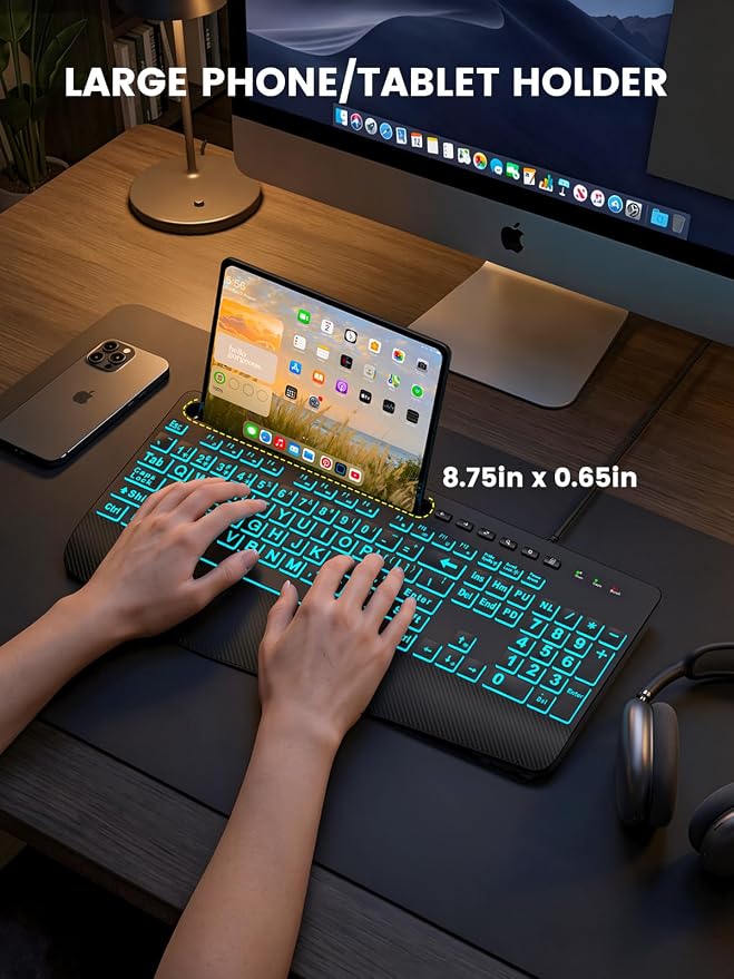 SABLUTE Large Print Wired Keyboard, Ergo Wrist Rest, 7 Colors Backlight | K21 Pro Computer Keyboards with Phone Holder, Oversized Letter keys Easy to See and Type for Laptop, PC, Windows, Black