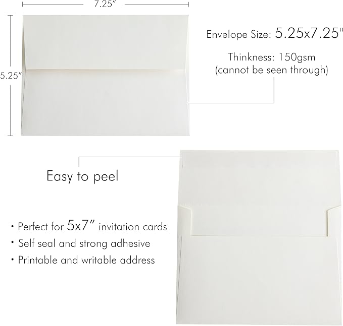 PONATIA 50 Pieces 5x7 Envelopes, Ivory A7 Envelopes Self Seal for Weddings, Invitation Cards, Photos, Postcards, Greeting Cards Mailing, Baby Shower, Graduation, Christmas Gift Cards
