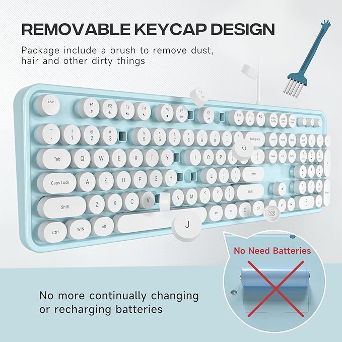 Computer Keyboard Wired, Plug and Play USB Retro Round Typewriter Keyboard, Full Size Wired Keyboard with Foldable Stands for Laptop and Office PC