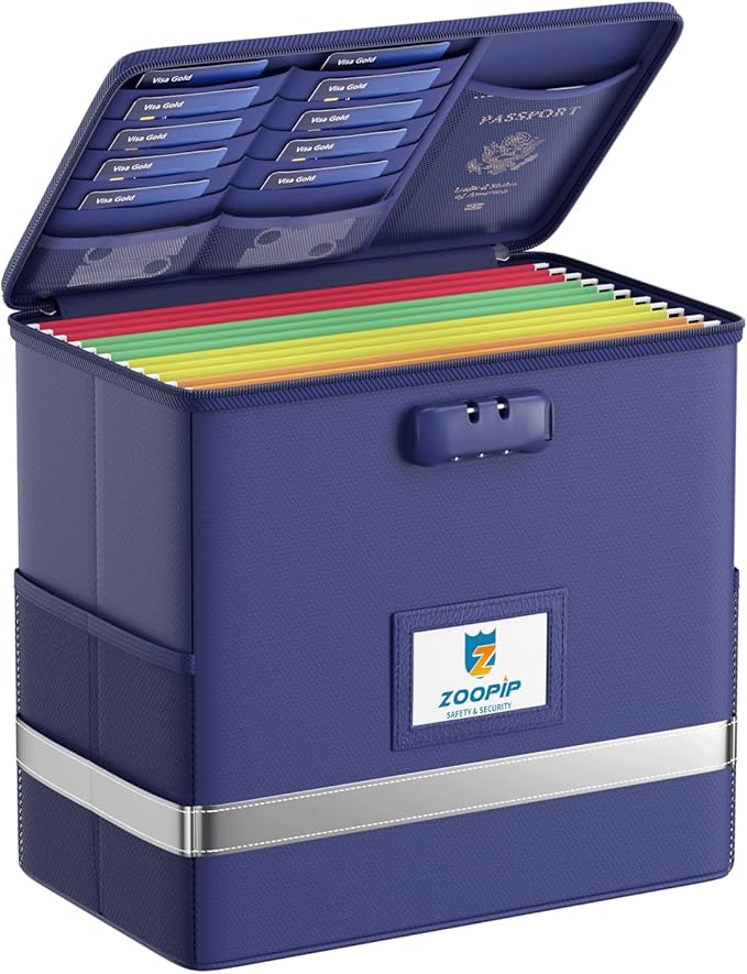 Fireproof File Box with Lock, Document Box Storage Organizer, Suitable for Hanging File Folders in Letter Size, Collapsible File Box, Reflective Strip for Fast Find (12.2"*6"*10.2, Blue)