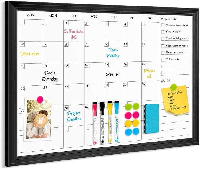 DOLLAR BOSS Magnetic WhiteBoard Calendar, 36x24 in, Dry Erase Board, Black | Monthly Dry Erase Planner for Wall with White Wood Style Frame for Office, School, Dorm, Home Decor