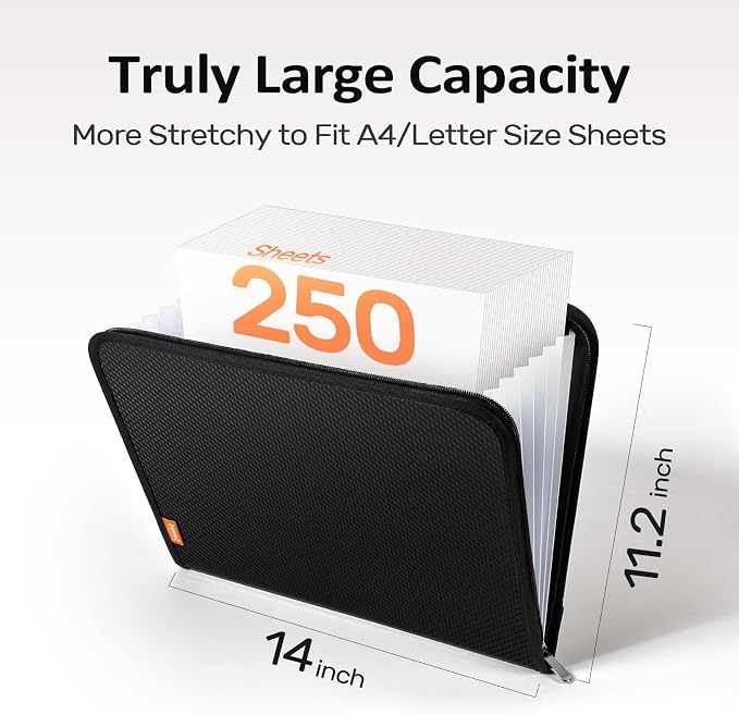 Sooez 7 Pockets Accordion File Organizer, Zipper Expanding File Folder A4 | Reinforced Plastic Accordion Folder Organizer, A4 Letter Size, Portable Folders for Documents, School Office Supplies, Black