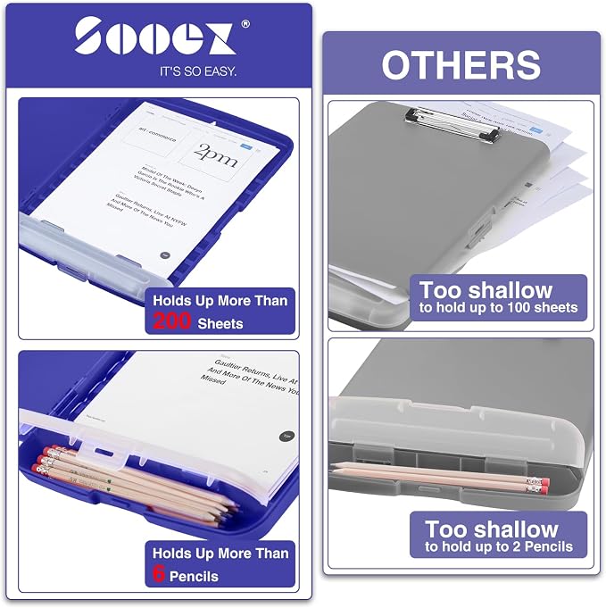 Sooez Clipboard with Storage, Clip Board 8.5 x 11 with Pen Holder, Plastic Organization Case Box for Letter Legal A4 Size Paper, Low Profile Clip, Nurses Teachers Must Haves, School & Office Supplies