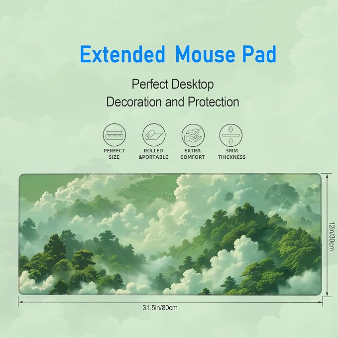 Green Forest Mouse Pad,Large Misty Mountain Nature Deskmat,31.5x12in | Extended Gaming Aesthetic Office Desk Decor Micro Woven Cloth Mouse Mat with Non-Slip Base and Stitched Edge,80x30 cm