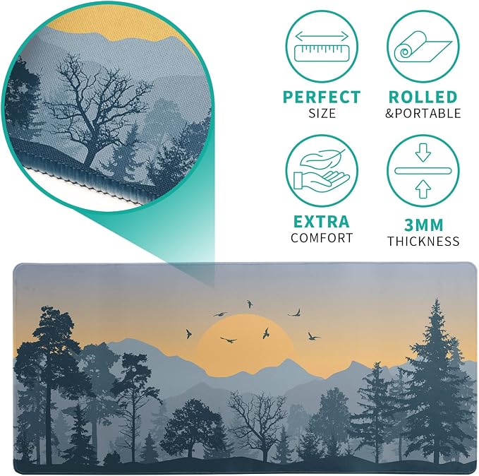 Mountain Gaming Mouse Pad 31.5x11.8 Inch Forest Large Mousepad Extended Grey Mousepad Gaming Non-Slip Rubber Base Stitched Edges Keyboard Mouse Mat Desk Pad for Office Home and Game