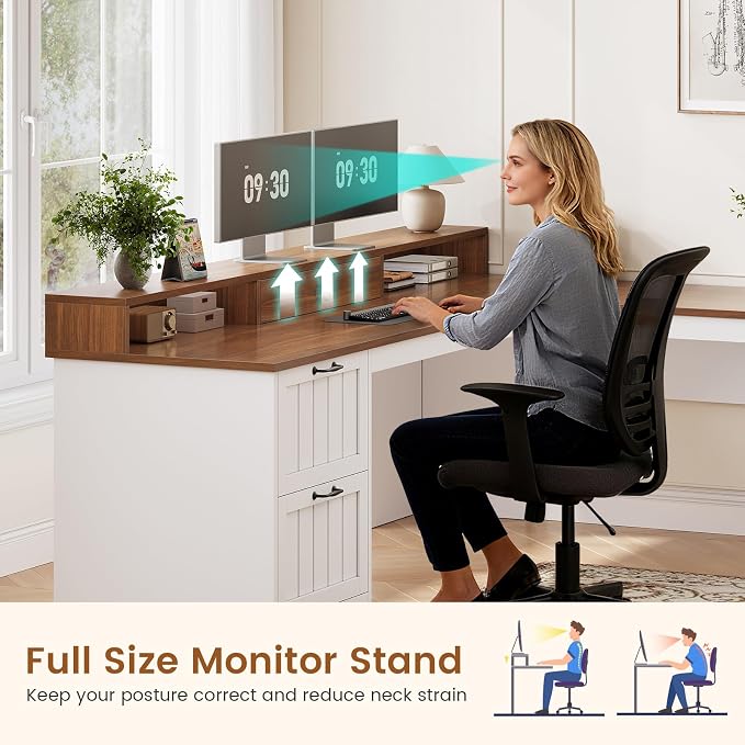SEDETA Farmhouse 63" L Shaped Desk with Drawers and Storage Cabinet | Office Desk with File Drawers, Wood Corner Computer Desk with Storage, Home Office Desk with Monitor Stand,Walnut and White