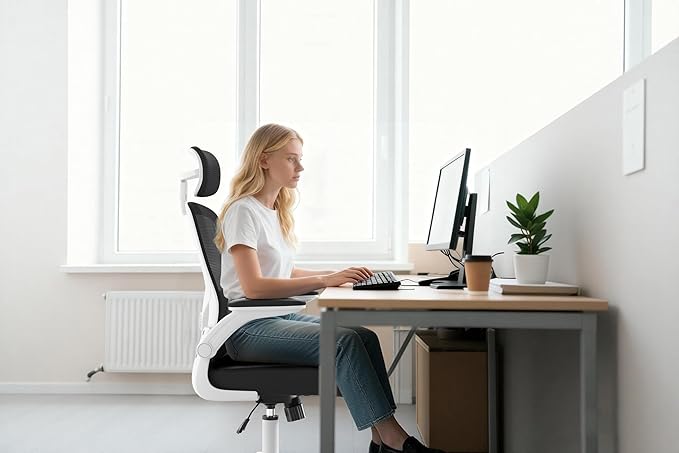 Office Computer Desk Chair - Lumbar Support and Headrest, Ergonomic Mesh Back Swivel Task Chair,Flip-Up Arms for Desk Work, 90-120° Tilt Rolling Chair for Home Office(White-Black6076)