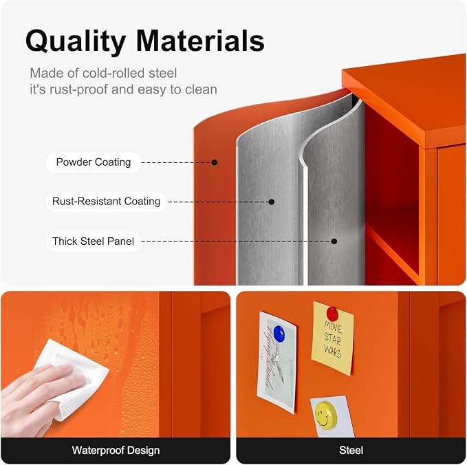 Bevivog Small Bathroom Storage Cabinet, Orange Metal Locker with 2 Doors and 2 Adjustable Shelves, Small Locker Cabinet Sideboard for Home Office, Living Room, Hallway, Entryway