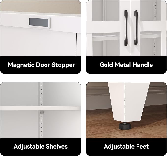 COFaR 71" White Glass Door Display Cabinet for Kitchen and Dining Room | 5-tier pantry and display cabinet with glass doors and 4 adjustable shelves for kitchen, dining room, living room or office.