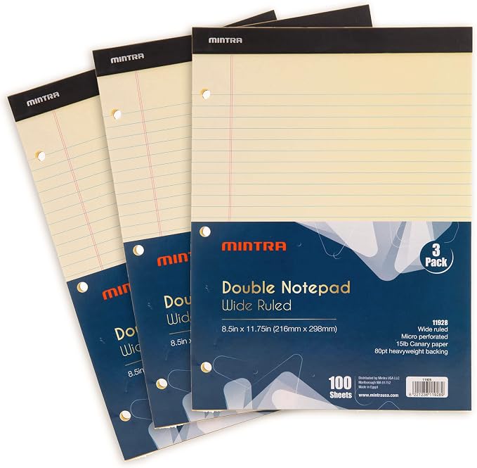 Mintra Office Canary Legal Pads - With Micro-perforated sheets, Smooth-lined paper, Ideal for Office Tasks, Assignments or Notes, Meetings, and Journaling, 3 pack Wide Ruled, Double Pad, 8.5"x11"