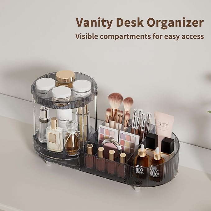 Makeup Organizer Countertop for Vanity, 360 Rotating Perfume Tray with 5-compartment Cosmetic and Skincare Organizers, Multi-Purpose Desk Storage Makeup Brush Holder for Bathroom Bedroom Counter