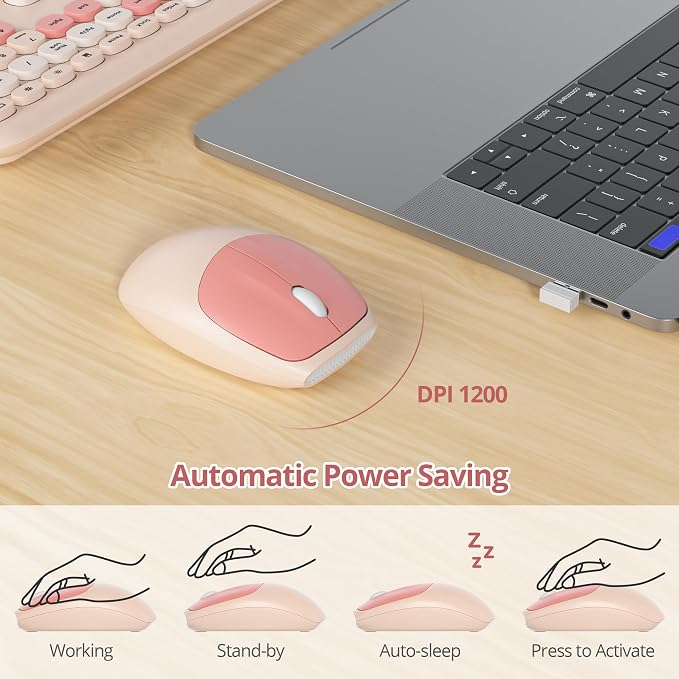 Surmen Cute Colorful Beige Keyboard and Mouse Wireless Silent, Full-Size Retro Typewriter Wireless Quiet Slim Keyboard Low-Noise 2.4GHz for Computer, Desktop, Laptop(Beige)