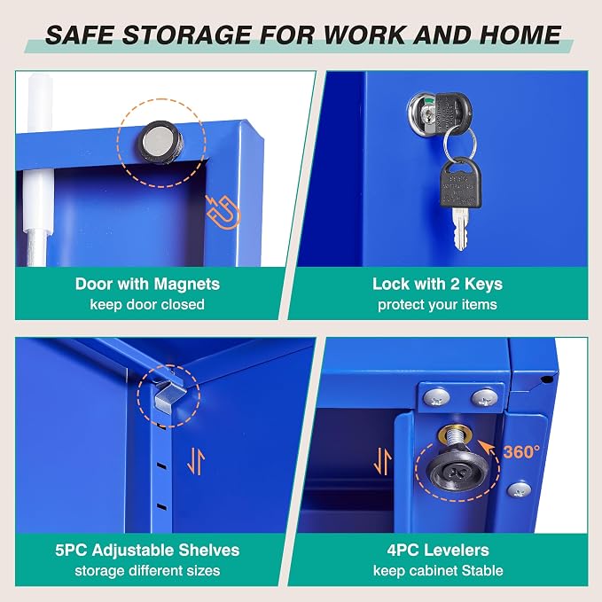 Blue Metal Storage Cabinet with 6 Shelves,71" Garage Storage Cabinet with Lock,6 Tier Steel Cabinets with Locking Doors,Lockable Cabinets for Home,Office,Shop,Garage