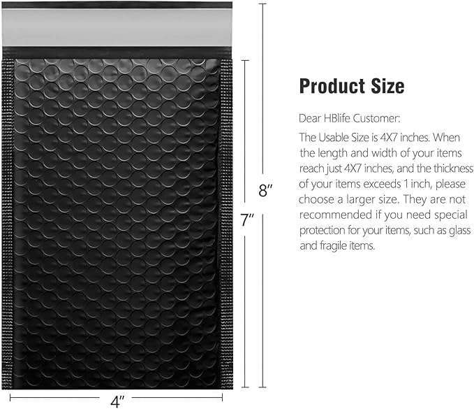 HBlife 50Pcs Black Bubble Mailers, 4x8 Inches Self Seal Black Poly Mailers, Padded Envelopes Shipping Bags Packaging for Small Business
