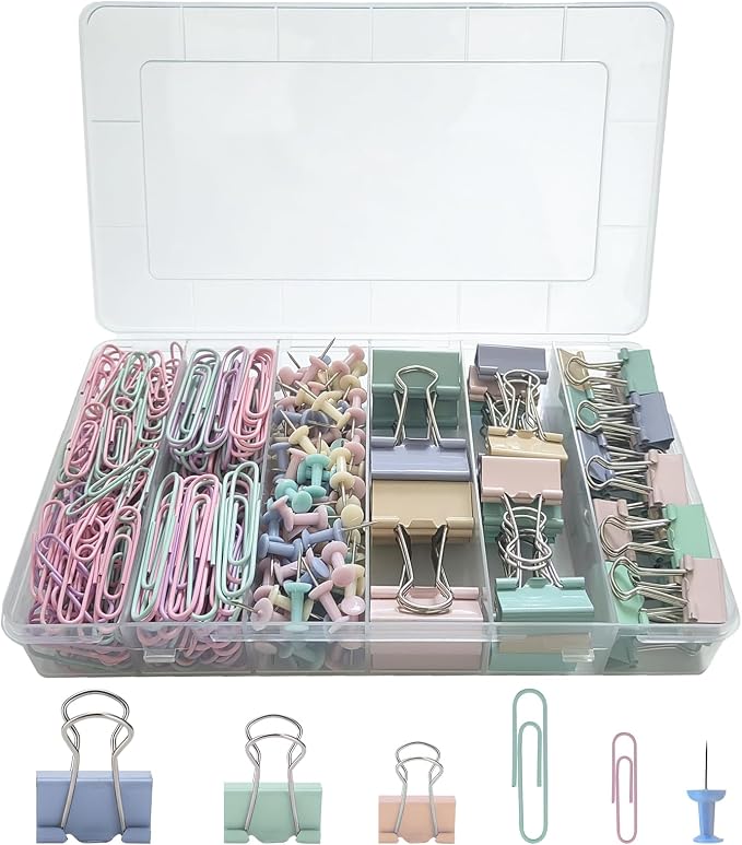 282 Pcs Colored Office Clips Set Binder Clips and Paper Clips Push Pin Colored Assorted Sizes Small Medium Large for Home School Office Supplies