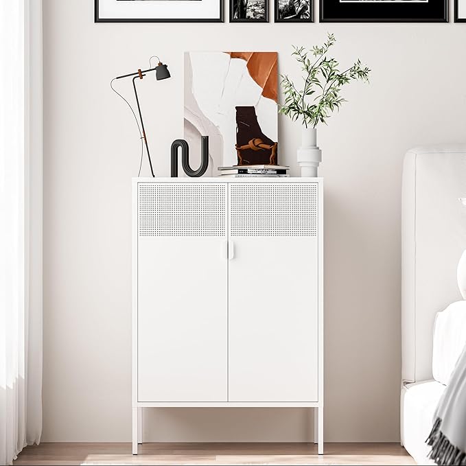 Washsemba 2 Mesh Door Metal Storage Cabinet with Adjustable Shelves, Multipurpose White Storage Cabinet, 3-Tier Office Cabinet,Metal Storage Cabinet for Office Home,Hallway (White, 47''H)