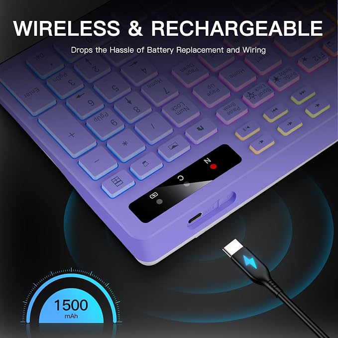Soueto Wireless Keyboard with 7-Color RGB Backlit, Full-Size Computer Keyboard with Phone Tablet Holder, 2.4G Rechargeable Gaming Keyboard with Light Up Keys, Compatible with Mac, Windows (Purple)