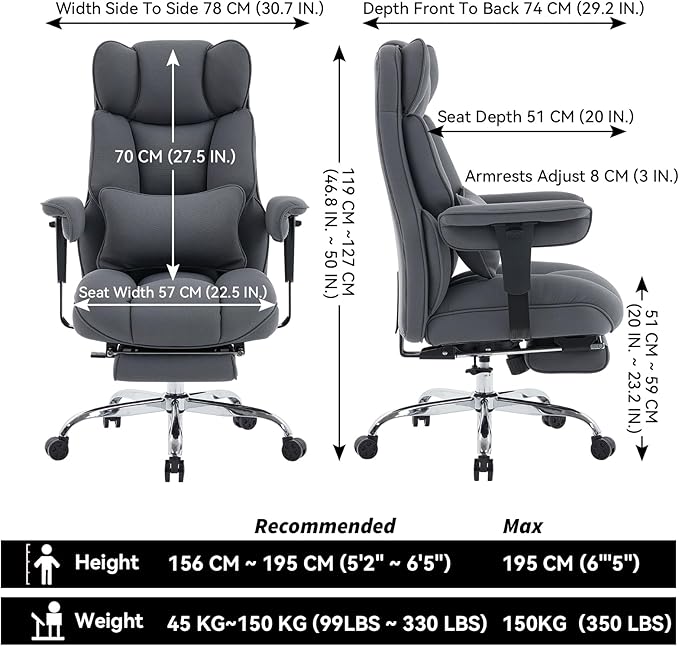 Efomao Executive Office Chair, Bluegrey Fabric Big and Tall Desk Chair | Breathable fabric, pocket spring & foam seat, retractable footrest, 135° recline for computer gaming setup