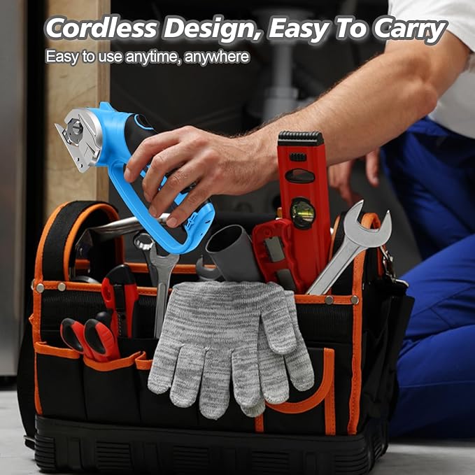Cordless Electric Scissors, 4V Rechargeable Box Cutter & Cardboard Cutter with LED Light, Safety Lock - Rotary Cutter for Fabric, Leather, Carpet, Plastic, Crafting, Sewing with Storage Box (Blue)