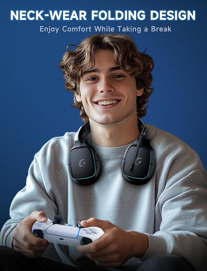 2.4GHz Wireless Gaming Headsets for PS5, PS4, PC, Switch - Bluetooth 5.3 Gaming Headphones with Noise Canceling Mic, 7.1 Surround Sound, 70H Battery, Blue Lighting - Matte Black