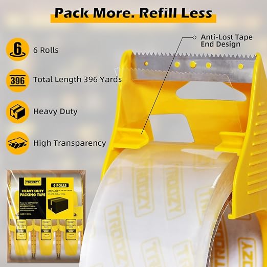 Clear Heavy Duty Packing Tape with Dispenser for Packing Shipping Moving and Warehouses, 2.68 mil Thick, 1.88 in x 66 yd, 6 Pack