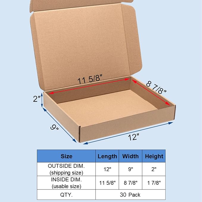 Wowxyz Shipping Boxes 12x9x2" 30 Pack Brown Corrugated Cardboard Mailer | Kraft Medium Literature Mailer Packaging Supplies, Mailing Boxes for Small Business
