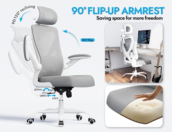 Ergonomic Office Chair: Mesh Desk Chair Comfy with Headrest& Lumbar Support | Ergalithic Big and Tall Office Chairs with Wheels & Flip-Up Arms-Computer Gaming Chairs for Adults Home Office Chairs(Grey)