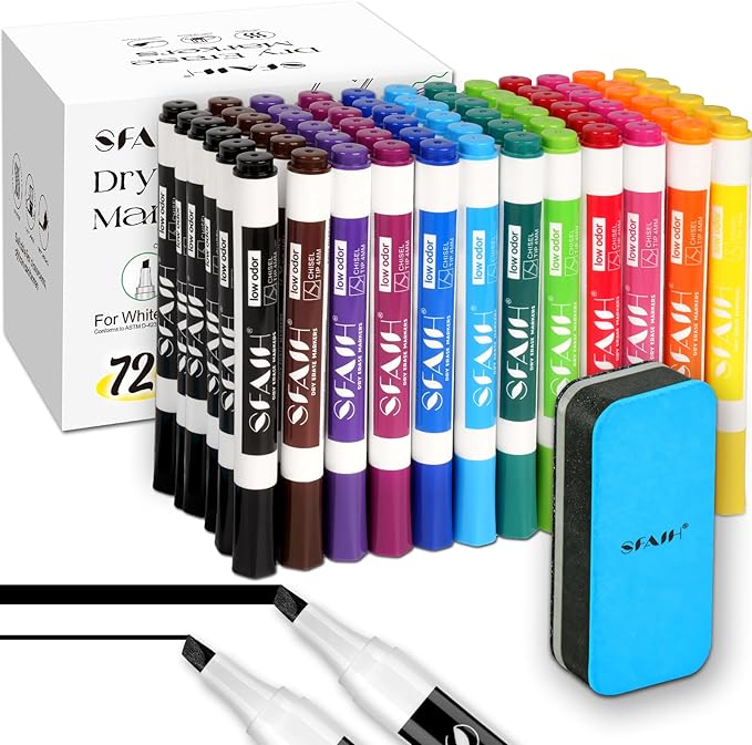 SFAIH Dry Erase Markers Chisel Tip with Magnetic Whiteboard Eraser, 72 Bulk 12 Colors White Board Markers for Teachers, Versatile Lines, 1s Quickly Dry, Essential Supplies for Office Teacher