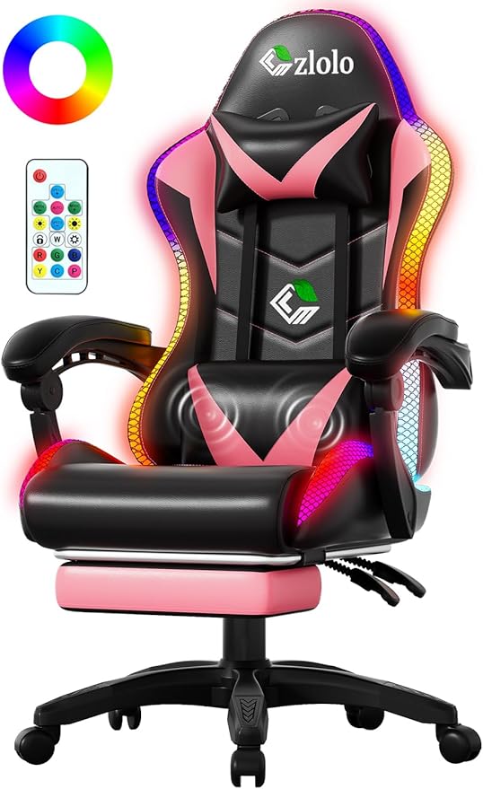 Gaming Chair, RGB LED Lights Computer Chair with Footrest, Lumbar Support Massager Gamer Chair, High Back, 90-135° Reclining, Linkage Armrests, Pink