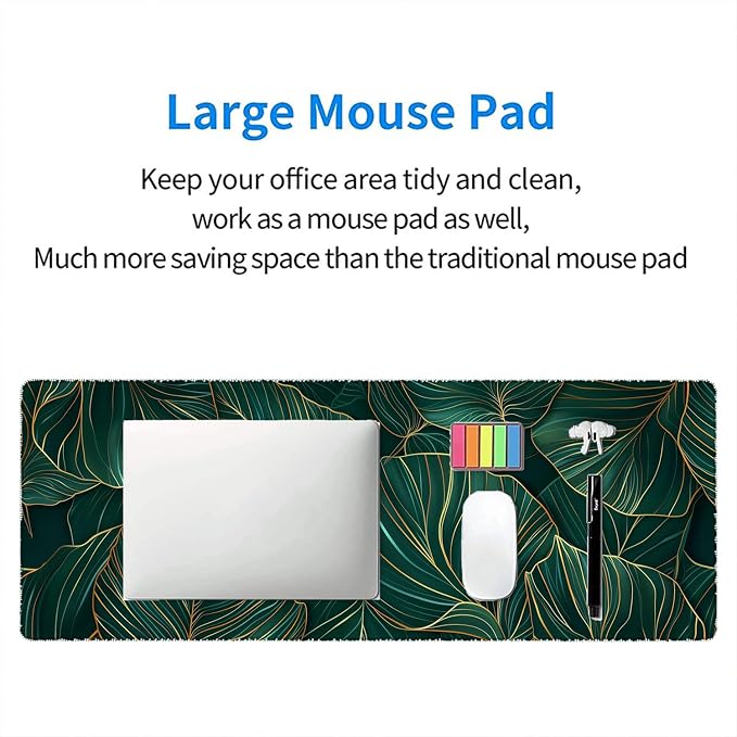 Green Leaves Desk Mat Gaming Mouse Pad Gold Tropical Palm Leaves Large Gaming Mouse Mat with Stitched Edges,Non-Slip Waterproof Rubber Base Mous Mat Office Computer Keyboard Laptop Home 31.5"x11.8"