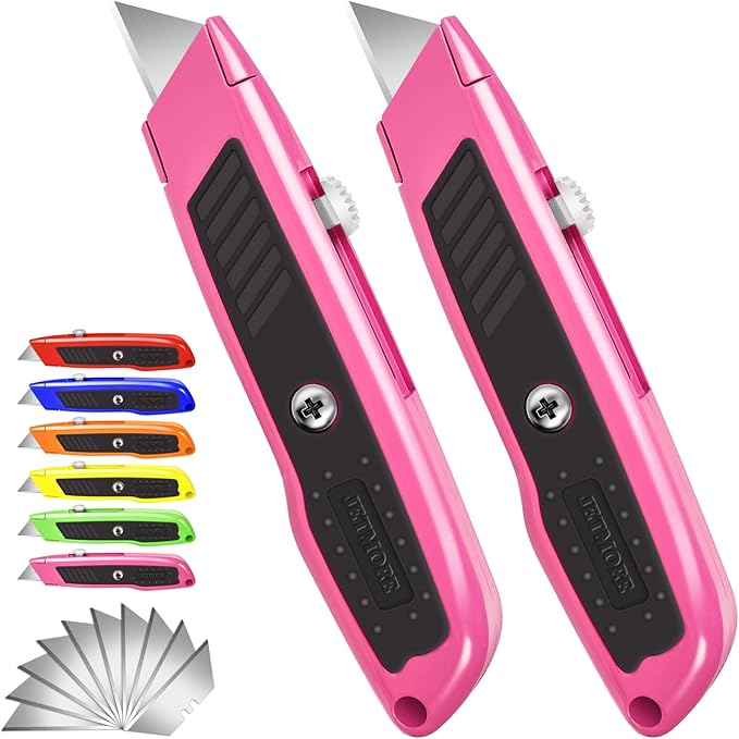 Box Cutter, 2 Pack Pink Utility Knife, Durable Razor Knife, Box Opener with 10 SK5 Blades, Exacto Knife, Cardboard Cutter, Box Cutter Retractable, Perfect Package Opener for Home, Office