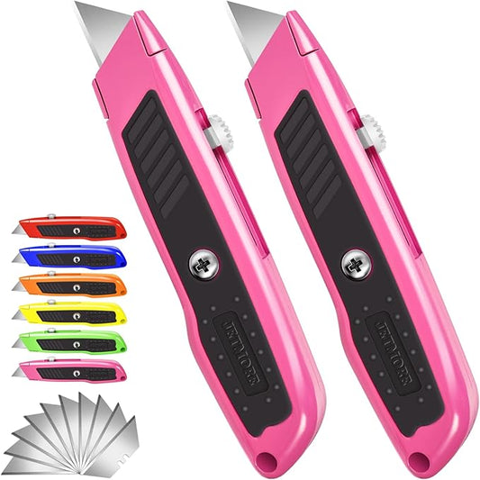Box Cutter, 2 Pack Pink Utility Knife, Durable Razor Knife, Box Opener with 10 SK5 Blades, Exacto Knife, Cardboard Cutter, Box Cutter Retractable, Perfect Package Opener for Home, Office