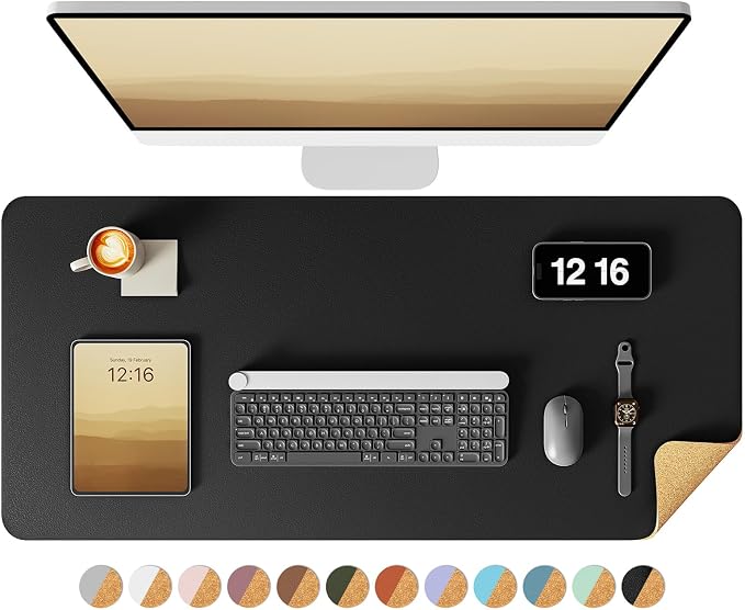 YSAGi Double-Sided Desk Pad, 35.4"x17"Leather Desk Mat, Eco Cork Desk Pad Protector,Large Mouse Pad,Waterproof Desk Blotter for Office/Home(Black)