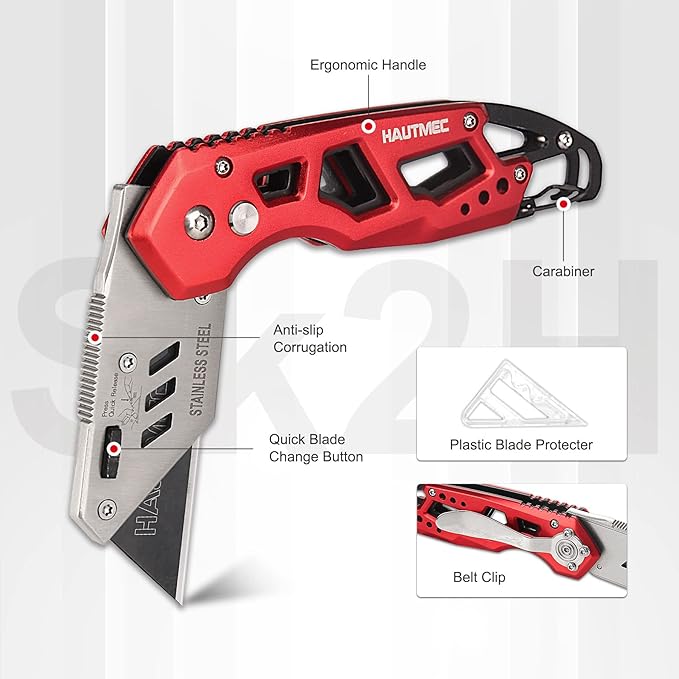HAUTMEC Folding Utility Knife with 10-Pack SK2H Blades, Heavy-Duty Aluminum Alloy Box Cutter with Belt Clip, Carabiner, Quick-Change Blades & Safety Lock – HT0263
