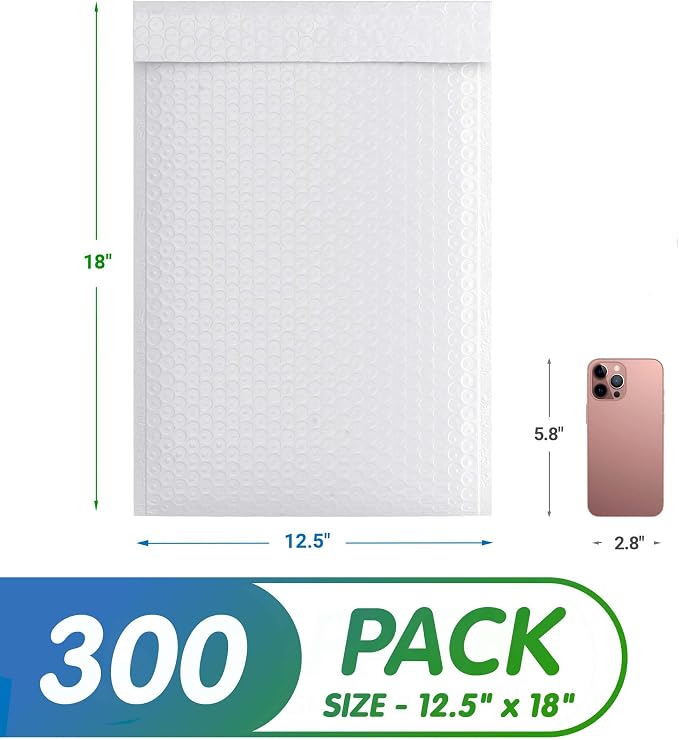 Poly Bubble Mailers, 12.5 x 18 Inch White Padded Mailers, Self Seal Shipping Envelopes, Lightweight Poly Mailer Bags, Waterproof Mailing Bags, Pack of 300