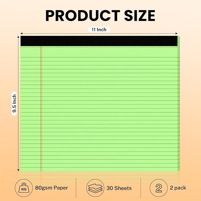 2 Pack Green 11" x 9.5" Legal Pads College Ruled Notepad Note Pads 30 Sheets Lined Paper Pads 80 GSM Legal Pad Perforated Writing Pads with Sturdy Back for School, Office, Home