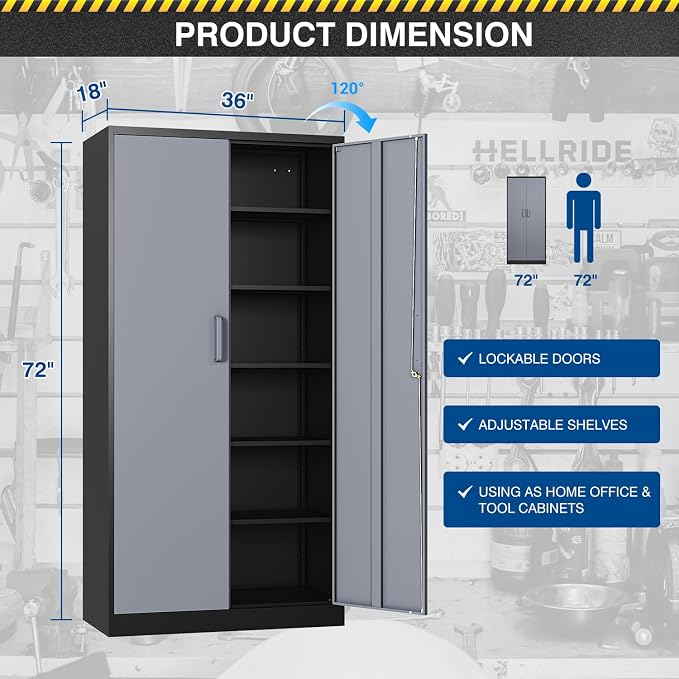 Fesbos Metal Storage Cabinet-72” Tall Steel File Cabinets with Lockable Doors and 5 Adjustable Shelves-Black&Gray Steel Storage Cabinet for Home, School, Office, Garage