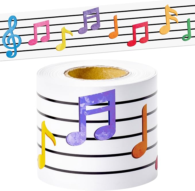 BeYumi Musical Notes Border Trim - 65ft Back to School Musical Notes Straight Rolled Border Trim Pastel Watercolor Bulletin Board Borders Music Themed School Classroom Office Chalkboard Party Decor