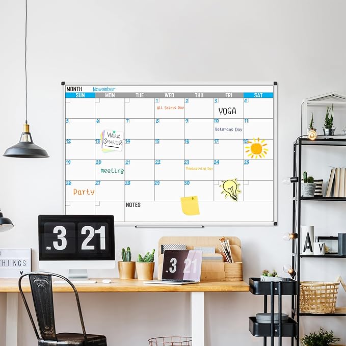 XBoard Magnetic Calendar Whiteboard for Wall 60" x 40" | Monthly Dry Erase Calendar Board, Silver Aluminium Framed for Planning