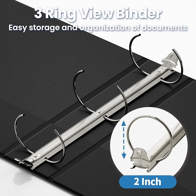 SUNEE 2 Inch Binders 3 Ring 4 Pack, PVC-Free Clear View 2" Binders (Fits 8.5x11 Inches) for School, Office & Home Use, Black