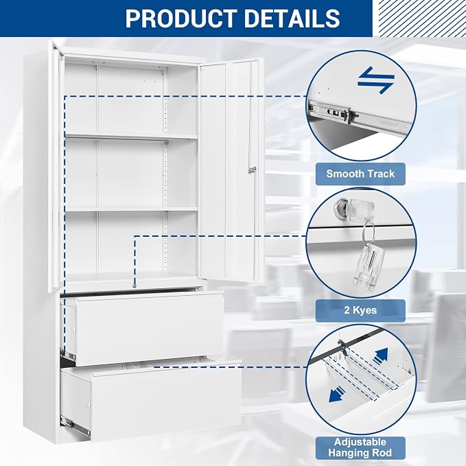 Fesbos Metal Steel Cabinets with 2 Lockable Lateral File Cabinets and Doors, Steel Metal Filing Lockers for Home Office Hanging Files Letter/Legal/F4/A4 Size