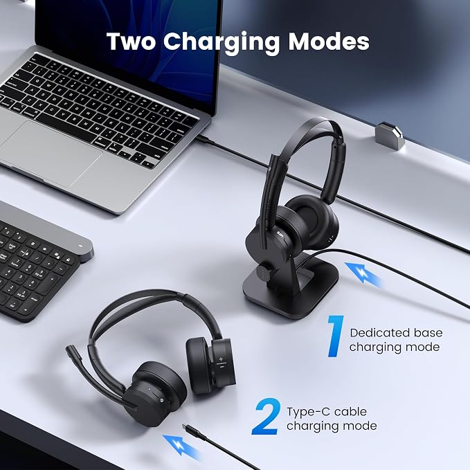 Wireless Headset with Mic for Work, Bluetooth Headset with Microphone for PC, Noise Cancelling Headphones with Mic Mute Button & USB for Call Center/Office/Home/Computer/Laptop/Cell Phones/Teams/Zoom