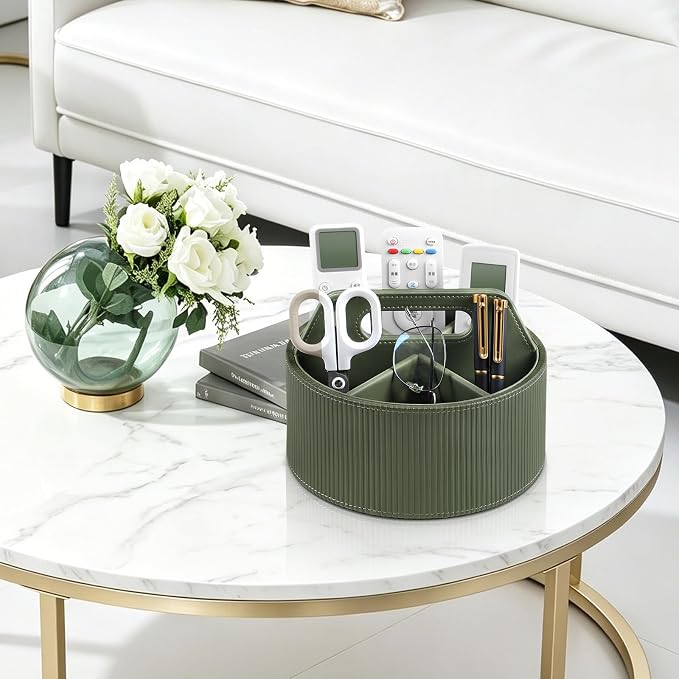 Round Desk Organizer Caddy Caddy Organizer Remote Control Holder | 6 Compartments, Portable Handle, Soft Lining, Aesthetic Stripes, Waterproof And Stain-Resistant