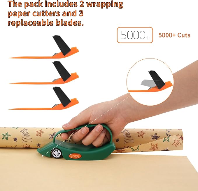 LIZAAL 2-Pack Wrapping Paper Cutter with 3 Replaceable Blades | New Gift Wrap Cutter with Wheels | Birthday and Christmas Wrapping Paper Cutter Slider for Home, Office or Classroom (Black & Green)